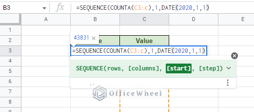 adding the start argument for the sequence function with the date function