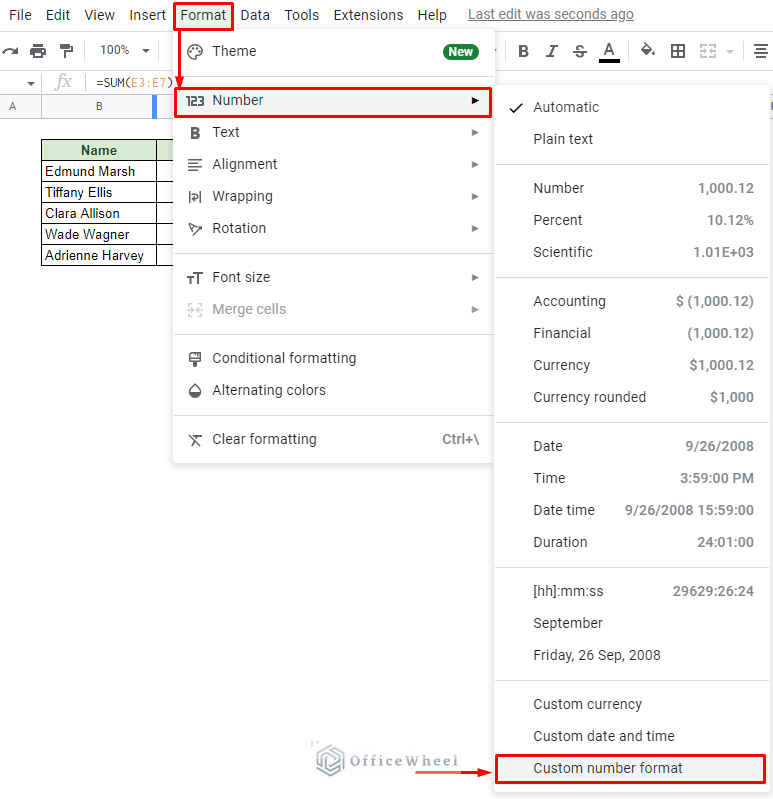 navigating to custom number format option from the format tab