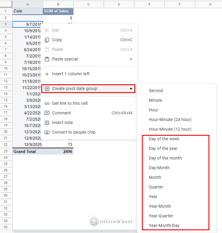 all date group options in the google sheets pivot table