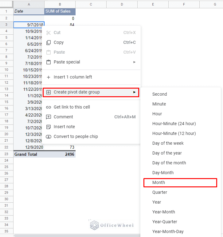 selecting month to group by date in a google sheets pivot table