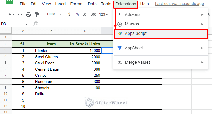 navigating to the apps script option from the extensions tab in google sheets