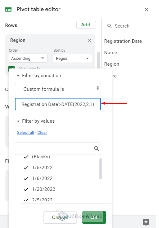 custom formula to filter data in a pivot table in google sheets