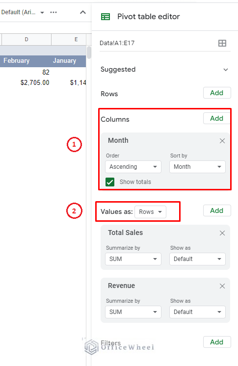 the two pivot table conditions to make it horizontal