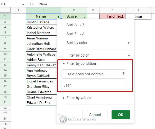 filter entries that does not contain text in google sheets 