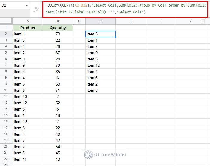 filtering the top 10 item names using query function
