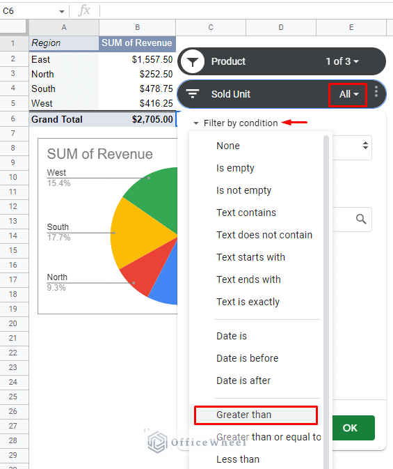 setting the filter by condition option for the second slicer