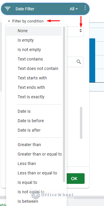 list of conditions for in the filter by condition menu