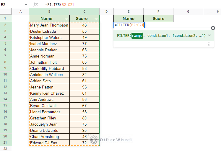 selecting the range for the filter function