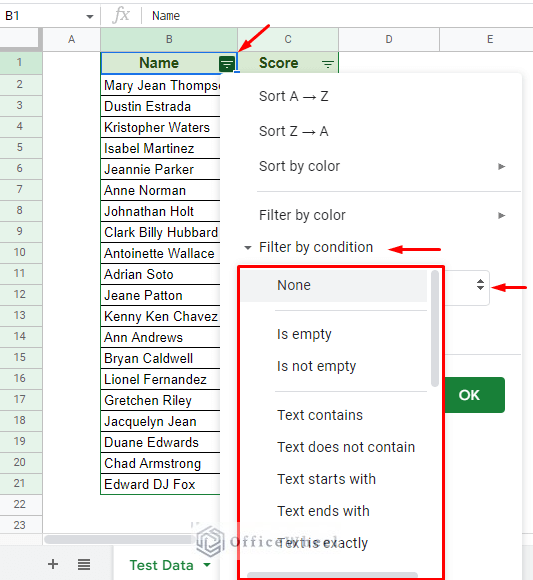 filter by condition menu