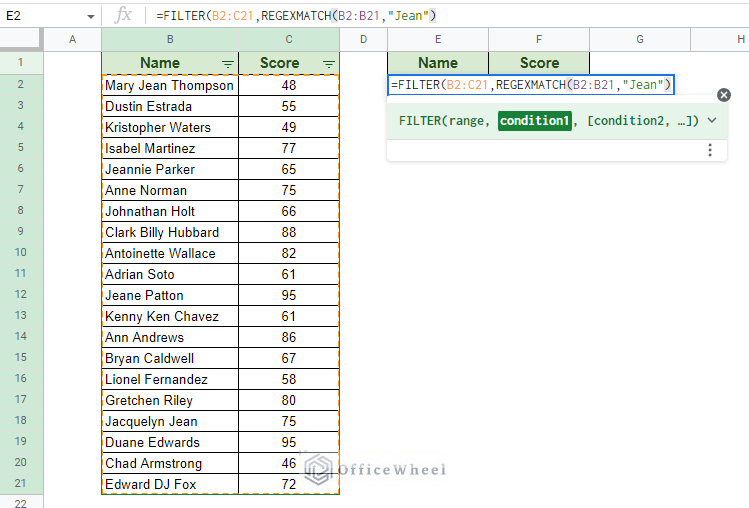 entering the filter criteria to filter if it contains text in google sheets
