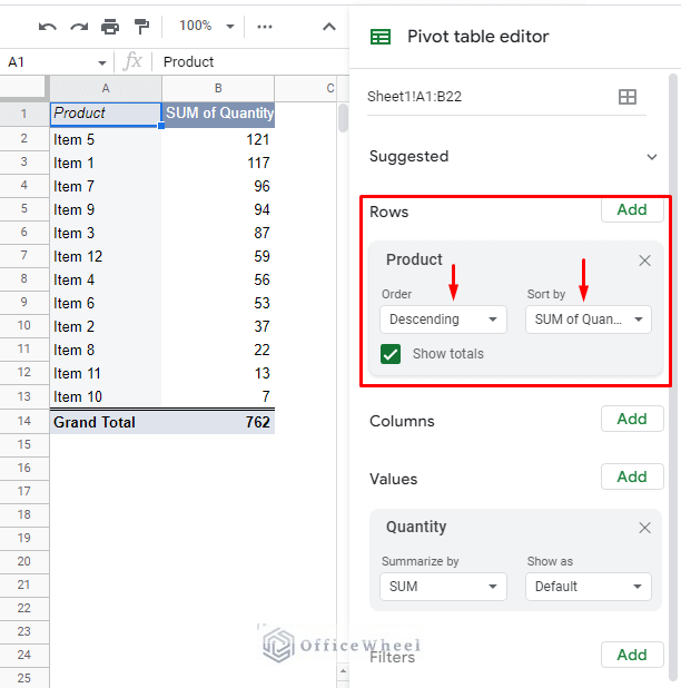 sorting the google sheets pivot table to show the top values 