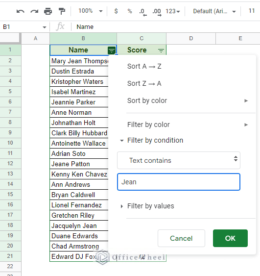 inputting the text contains value to filter