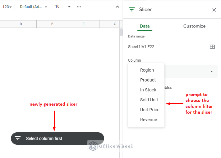 the new slicer prompts the user to select the column condition