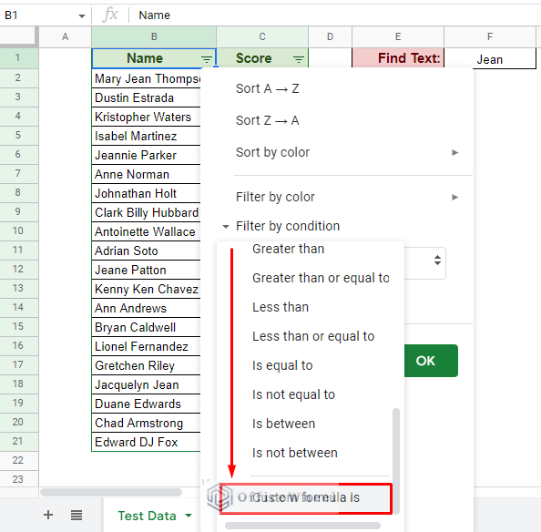 the custom formula is option in the filter menu