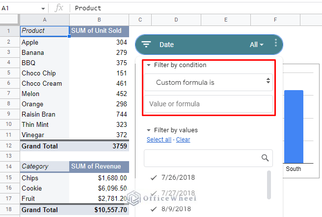 filter by condition and custom formula is options in google sheets slicer