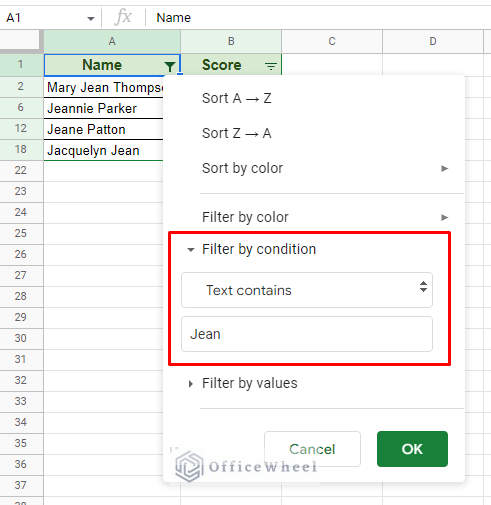 partial text filter is also possible using this method
