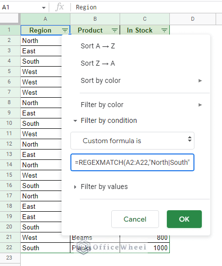 custom formula in the filter menu
