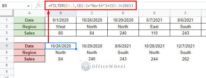 filter for multiple or conditions horizontally in google sheets