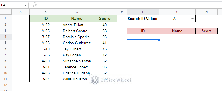 worksheet for the filter function