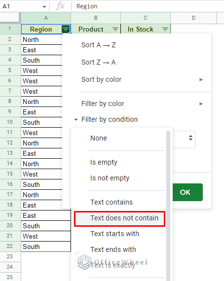 text does not contain condition in google sheets filter