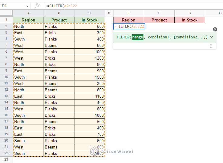 opening the filter function and selecting the data range