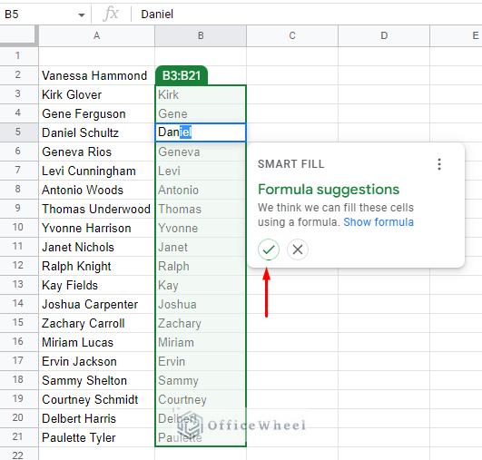 clicking on the tick mark will apply the suggested smart fill