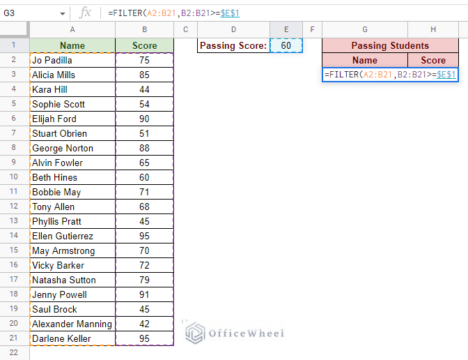 filter condition for cell value in e1 in google sheets