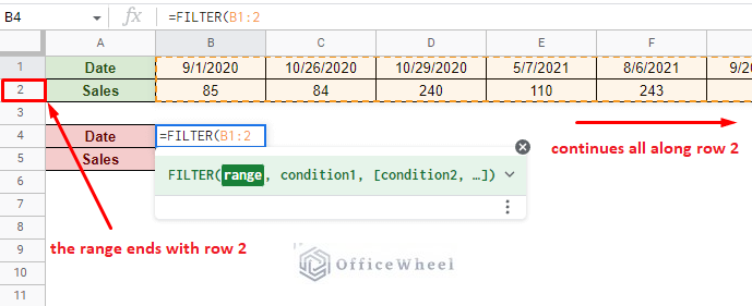 adding the data range to filter by rows in google sheets