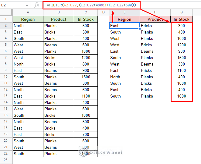 filter with the or condition in google sheets using the plus symbol boolean