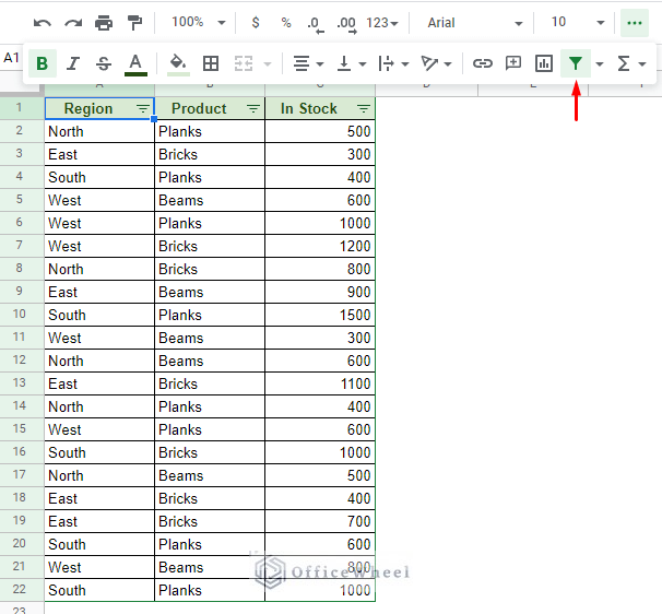 filter feature in the toolbar