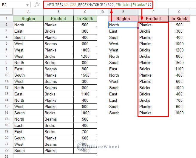 partial text filter with regexmatch and or condition in google sheets