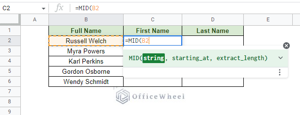 opening the mid function and applying the string cell reference