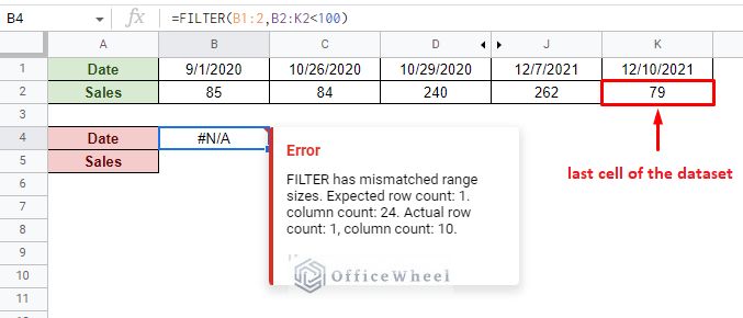 filter function gives an error when there is a mismatch between the data range and the condition range