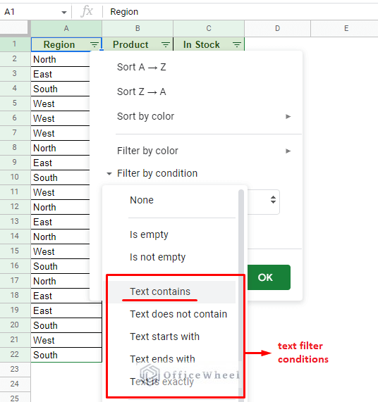 filter and filter by condition menu