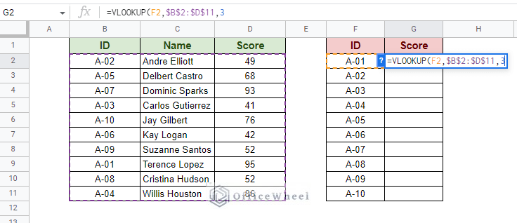 setting the column index for the vlookup function