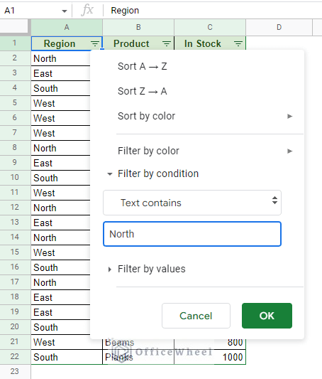 filter contains text north in the menu
