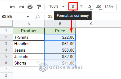 the format as currency option in google sheets
