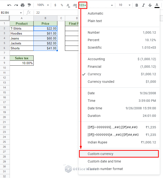 the custom currency option from the more formats menu