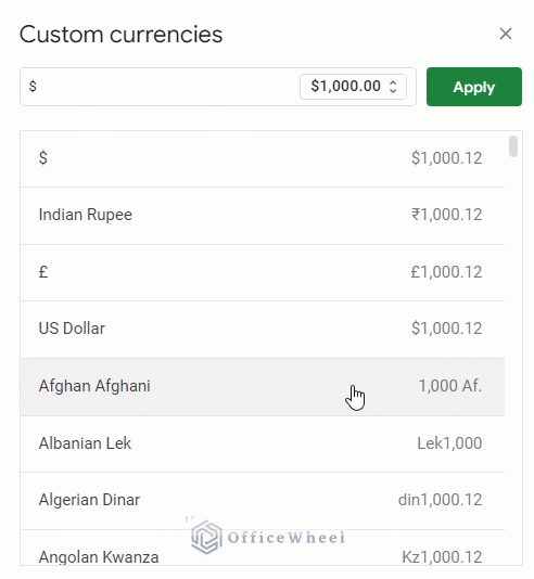 the list of all available currencies in google sheets from the custom currencies window animated
