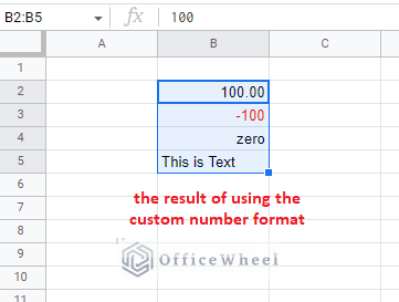 the result of using the same custom number format on different values