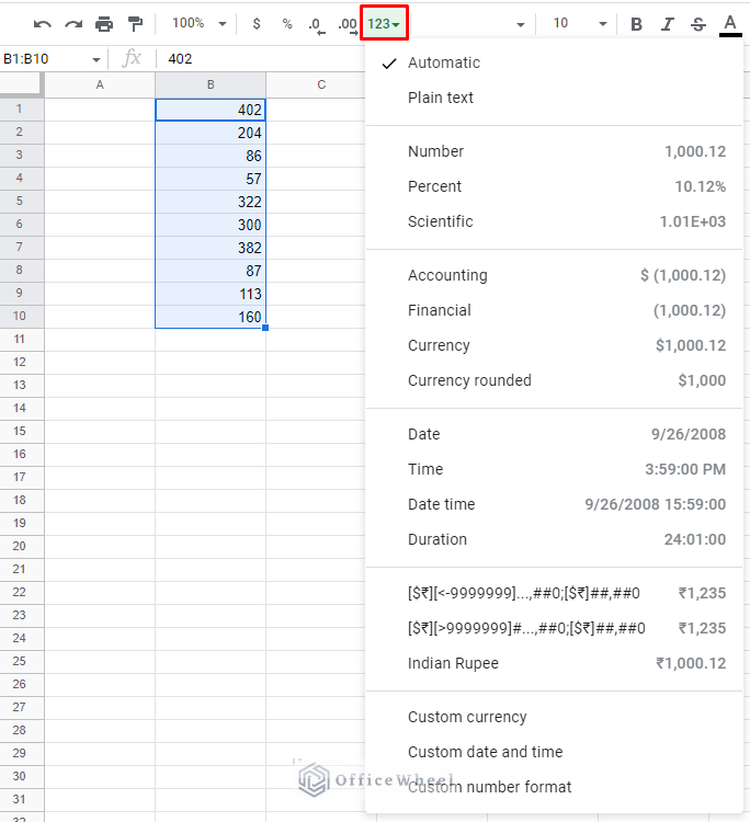 more formats menu in google sheets