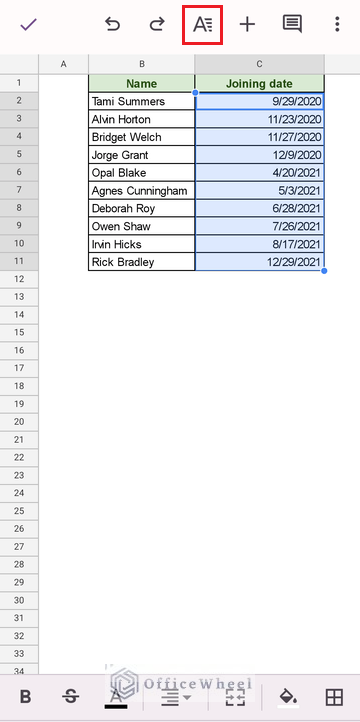 select all number cells and format icon in the google sheets mobile app
