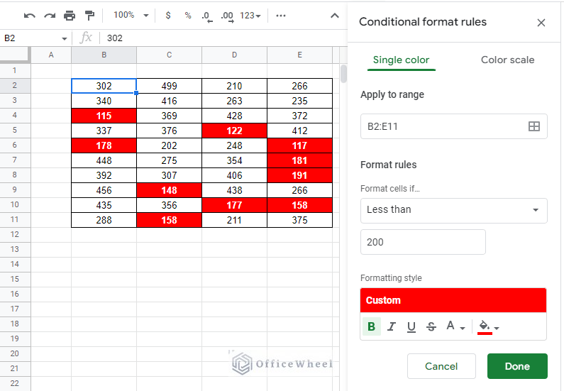 sample worksheet with conditional formatting - if cell color is red in google sheets