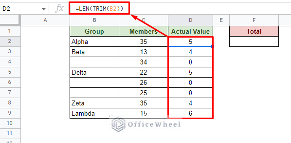 using len and trim functions to extract character length without whitespaces
