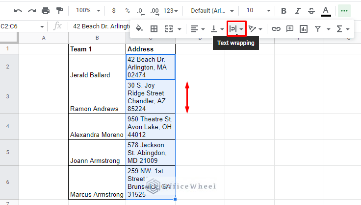 text wrapping result in google sheets