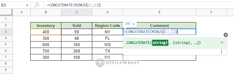 including a minus formula inside the concatenate function