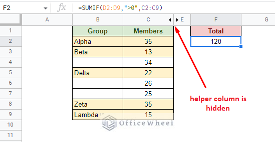 hiding the helper column to make the worksheet more presentable