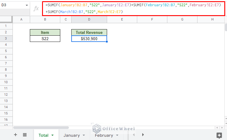 using sumif function to sum cells from different sheets in google sheets