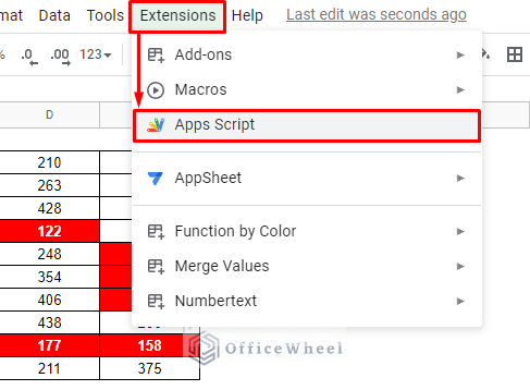 navigating to the apps script option from the extensions tab in google sheets