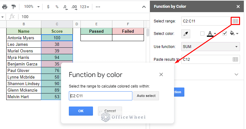 setting the range of cells to count by color